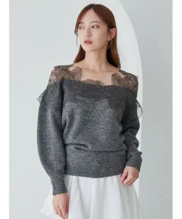 SNIDEL 레이스 트리밍 니트 풀오버 GRY