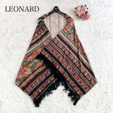 컨디션 최상 실크 혼방 레오나르 스톨 케이프 대형 트리밍 프린지 꽃 주황