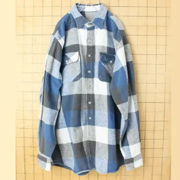 80s 90s 헤비 플란넬 블록 체크 셔츠 블루 XL 긴팔 aw99