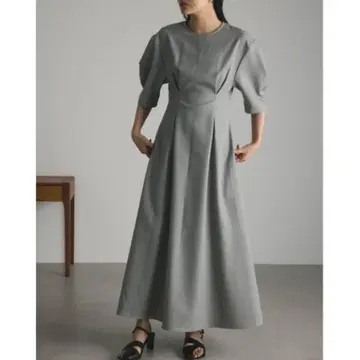 그레이 퍼프 슬리브 롱 드레스