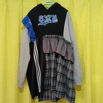 후드 부착 패치워크 원피스 구제 의류 리메이크