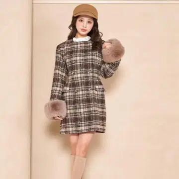 darich 턱 디자인 체크 코트 퍼 노카라 브라운