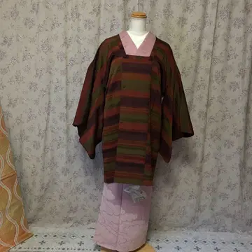 브라운 x 카키 가로 단 분할 염색 도행 코트 단품