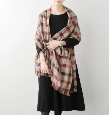 SHIBO 울린넨 혼방 체크 숄 베이지