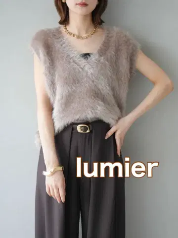 라메 샤기 V넥 니트 베스트/그레이지/슬리브리스 니트 베스트