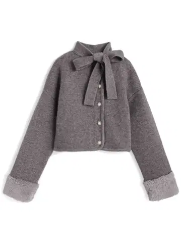 [ 새상품 ] 리본 펄 버튼 퍼 니트 가디건