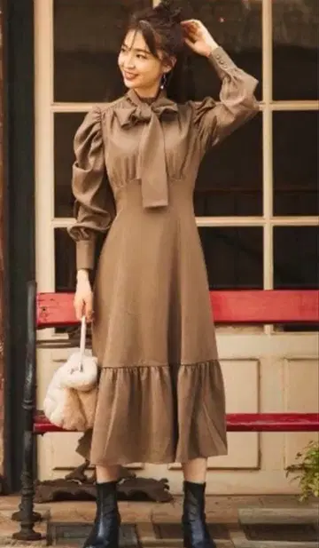 WILLSELECTION 소매 개더 리본 원피스 카키