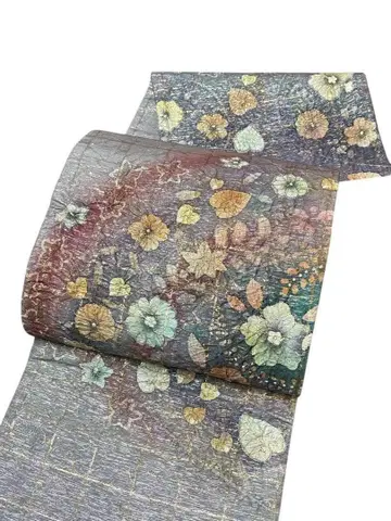 A44 후쿠로 오비 새상품급 명품 초화 박 금채 연보라 오타이코