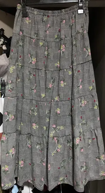 하모니카 글렌체크 꽃무늬 롱 스커트