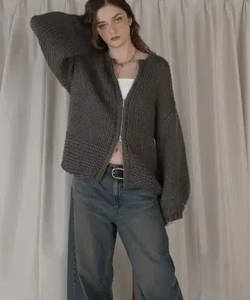 손뜨개질풍 더블 지퍼 루즈 니트 가디건