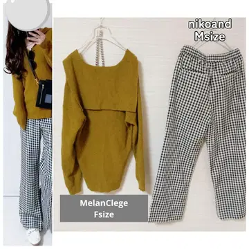 코디 세트 세일러 카라 니트 블록 체크 팬츠