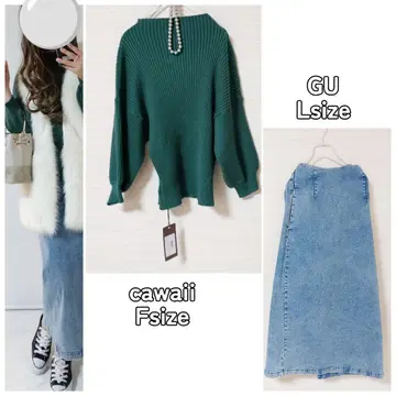 코디 세트 보틀넥 니트 데님 스커트