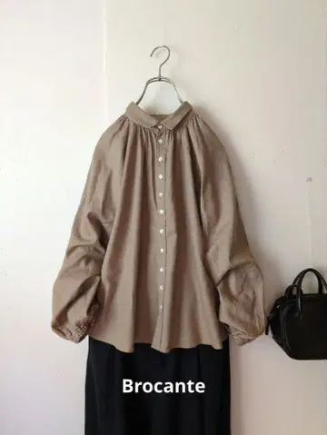 새상품급 Brocante 그랑 롱 셔츠 코튼 린넨 개더 칼라 블라우스