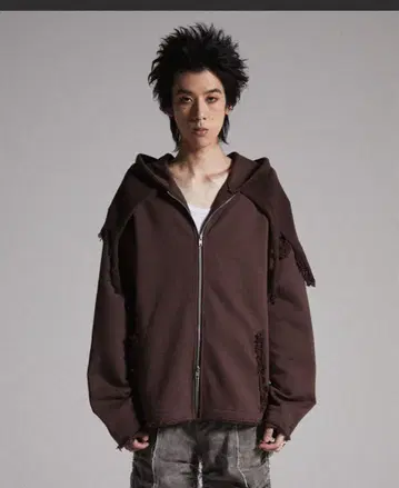 브라운 프린지 장식 집업 후드티