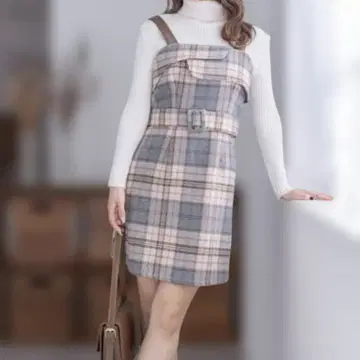 clear 빅 체크 무늬 미니 오버롤 스커트 그레이 핑크