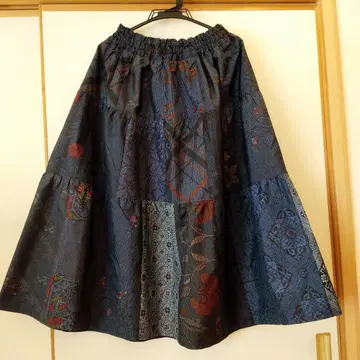 오시마 명주 패치워크 개더 스커트 다크 블루 계열 핸드메이드