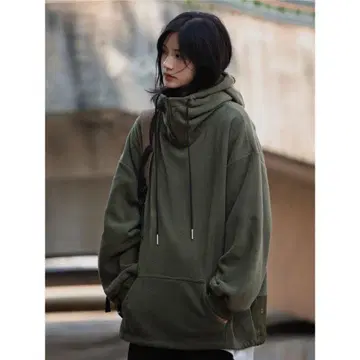 플리스 하프 지퍼 후드 부착 후드티 올리브 그린 플리스 후드티