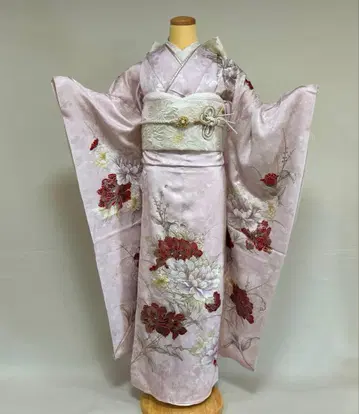 시크한 탁한 핑크색 모란 패턴 후리소데 풀세트