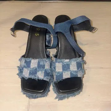 evris 데님 체크 무늬 프린지 샌들