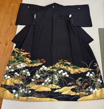 블랙  이중 기모노 순수 실크 오츠몬 금박 소나무 어깨 기장 159