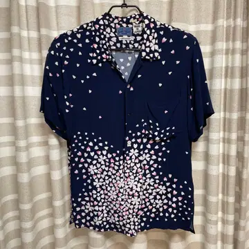 BLUE & BLUE 오크라 벚꽃 꽃잎 패턴 반팔 하와이안 셔츠