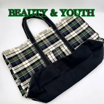 BEAUTY&YOUTH 체크 무늬 빅 토트백 네이비