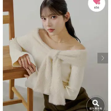 샤기 리본 오프숄더 니트 아이보리 F