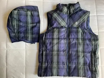 체크 무늬 다운 베스트 후드 부착