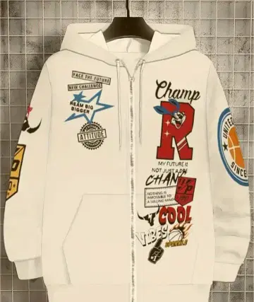 화이트 그래픽 후드티 풀 집업