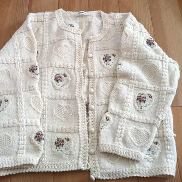 아이보리 울 가디건 하트 자수