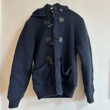 네이비 후드 부착 니트 더플 코트