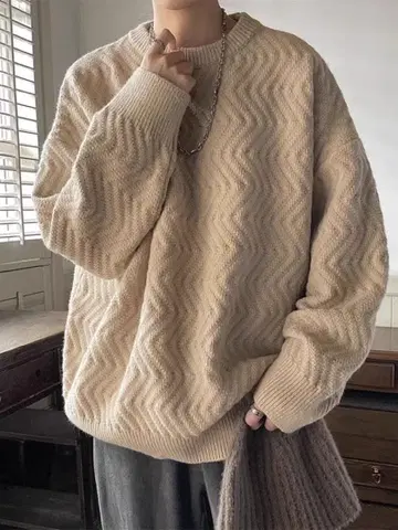 라운드넥 스웨터 베이지 파도 무늬 니트 스웨터 오버 사이즈