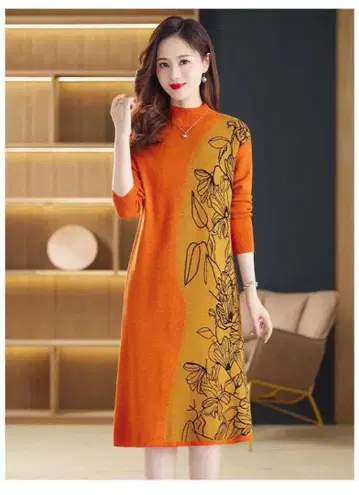 오렌지 꽃무늬 프린트 니트 원피스 긴팔