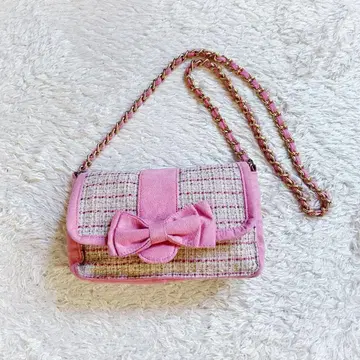 리즈리사 트위드 리본 숄더백 핑크 헤이세이 여아 히메 스타일 금 체인