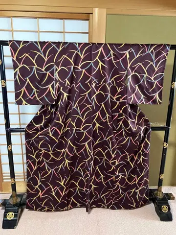 5 코몬 이중 기모노 순수 실크 브라운 보라색에 잎 패턴 시치츠키 포함