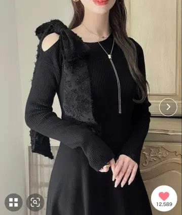 Meiru 숄더 리본 아지메 니트 플레어 원피스