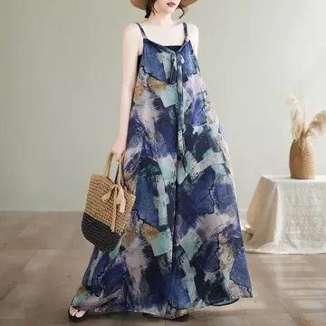 슬리브리스 롱 원피스 블루 계열 무늬