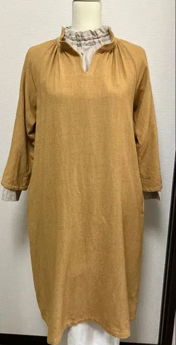 wafu/CIP 면 퀼트 넥 옷깃 주름 두꺼운 소재 린넨 원피스