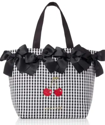 Maison de FLEUR 체리 자수 깅엄 리본 토트백