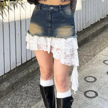 SPIRALGIRL 레이스 도킹 데님 스커트