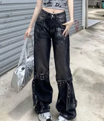 y2k 블랙 데님 와이드 레그 팬츠 벨트 포함