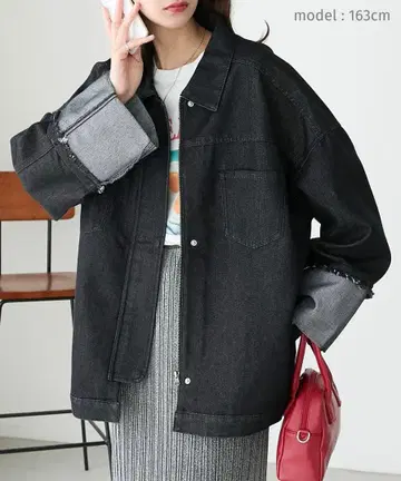 BONLECILL 턴 백 스티치 슬리브 지퍼 데님 자켓