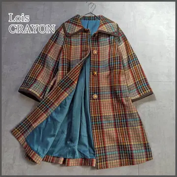 Lois CRAYON 체크 무늬 울 롱 코트 A라인 레트로 구제 의류 M
