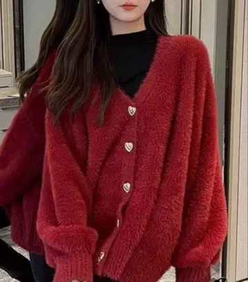 하트 버튼 가디건 빨간색 샤기 복슬복슬