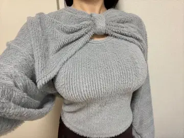 샤기 가디건 & 슬리브리스 세트 리본 그레이 크롭 니트