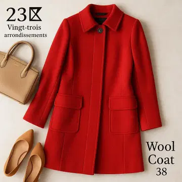 미사용급 23구 울 롱 코트 단추 여밈 빨간색 레드 38 M