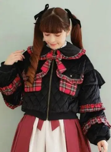 axes femme 프릴 퀼팅 블루종 빨간색 체크