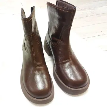 브라운 속기모 숏부츠 중간 힐