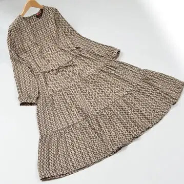 M~L 서클 패턴 티어드 원피스 여성용 긴팔 고급스러운/베이지