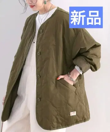 클래식 엘프 퀼팅 자켓 카키 브라운 노카라 오버 사이즈 L